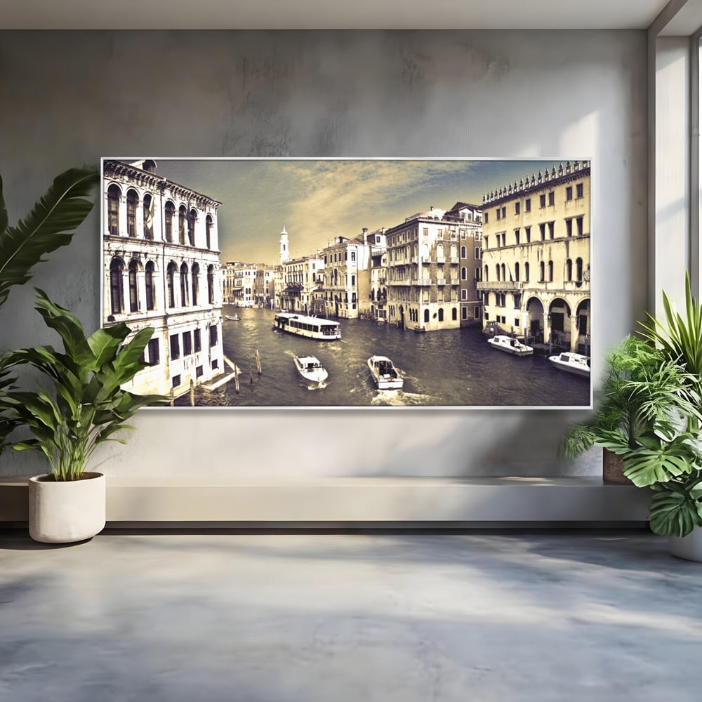 Tablou Canvas Premium LuxCanva® A1260, Venetia Alb-Negru ,Orasul Iubirii, Barci, Arhitectura, Culori Vibrante