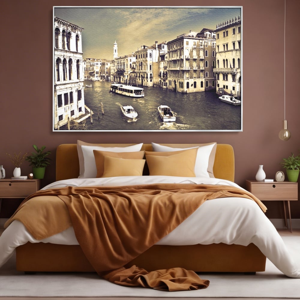Tablou Canvas Premium LuxCanva® A1260, Venetia Alb-Negru ,Orasul Iubirii, Barci, Arhitectura, Culori Vibrante