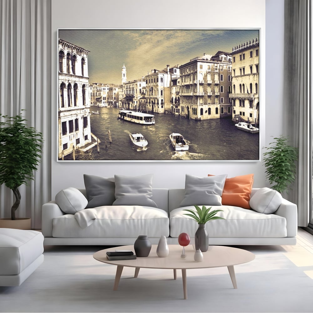 Tablou Canvas Premium LuxCanva® A1260, Venetia Alb-Negru ,Orasul Iubirii, Barci, Arhitectura, Culori Vibrante