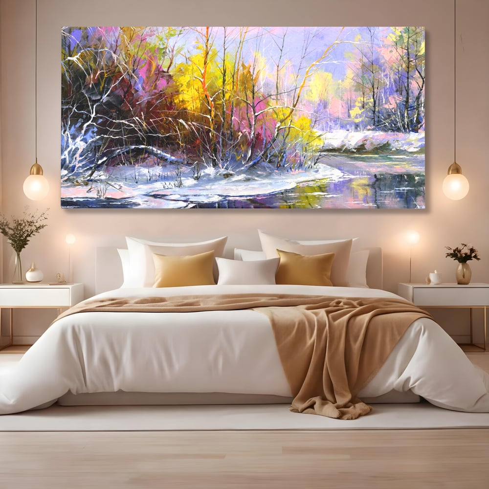 Leinwandbilder Premium LuxCanva® A1261, Lila Winter, Winter, Schnee, Schnee, Bäume, See, leuchtende Farben