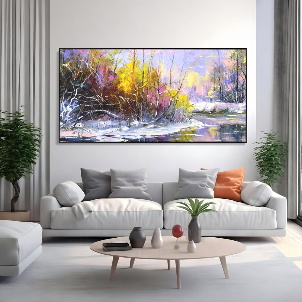 Leinwandbilder Premium LuxCanva® A1261, Lila Winter, Winter, Schnee, Schnee, Bäume, See, leuchtende Farben