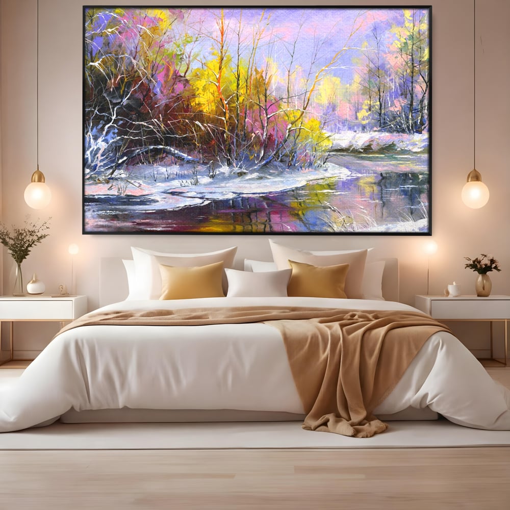 Leinwandbilder Premium LuxCanva® A1261, Lila Winter, Winter, Schnee, Schnee, Bäume, See, leuchtende Farben
