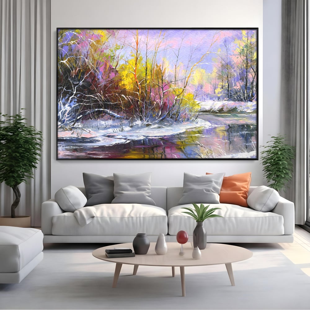 Leinwandbilder Premium LuxCanva® A1261, Lila Winter, Winter, Schnee, Schnee, Bäume, See, leuchtende Farben