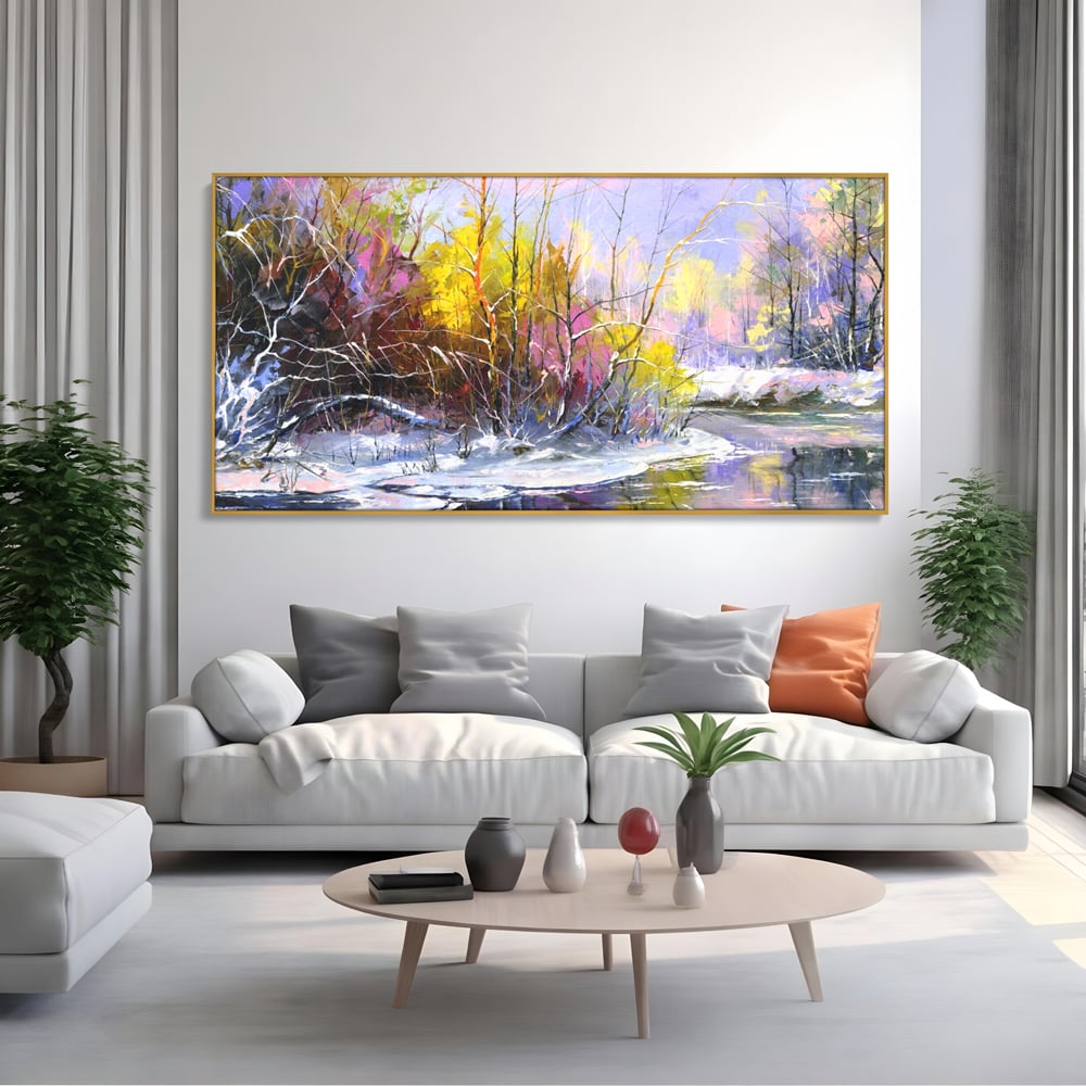 Leinwandbilder Premium LuxCanva® A1261, Lila Winter, Winter, Schnee, Schnee, Bäume, See, leuchtende Farben