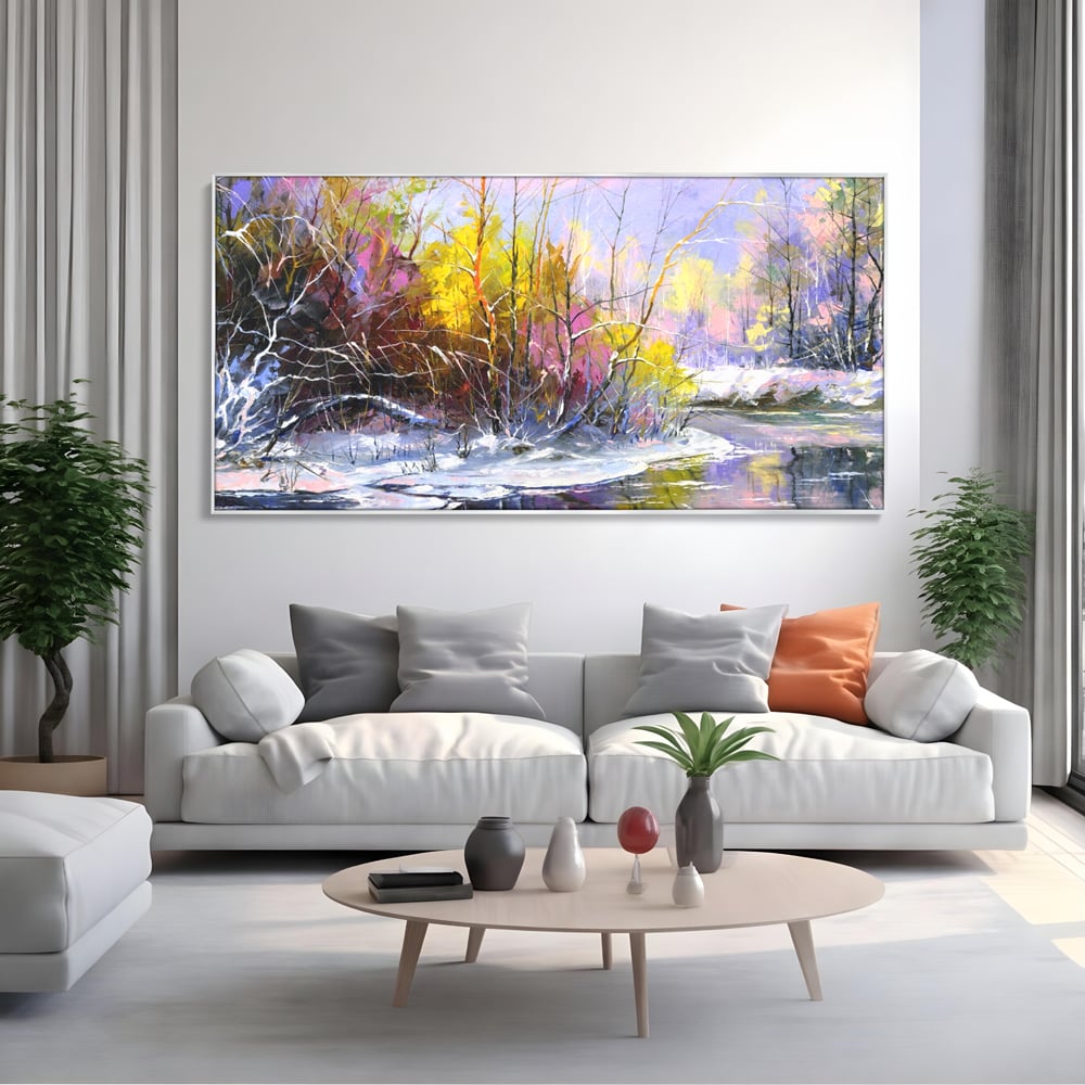 Leinwandbilder Premium LuxCanva® A1261, Lila Winter, Winter, Schnee, Schnee, Bäume, See, leuchtende Farben