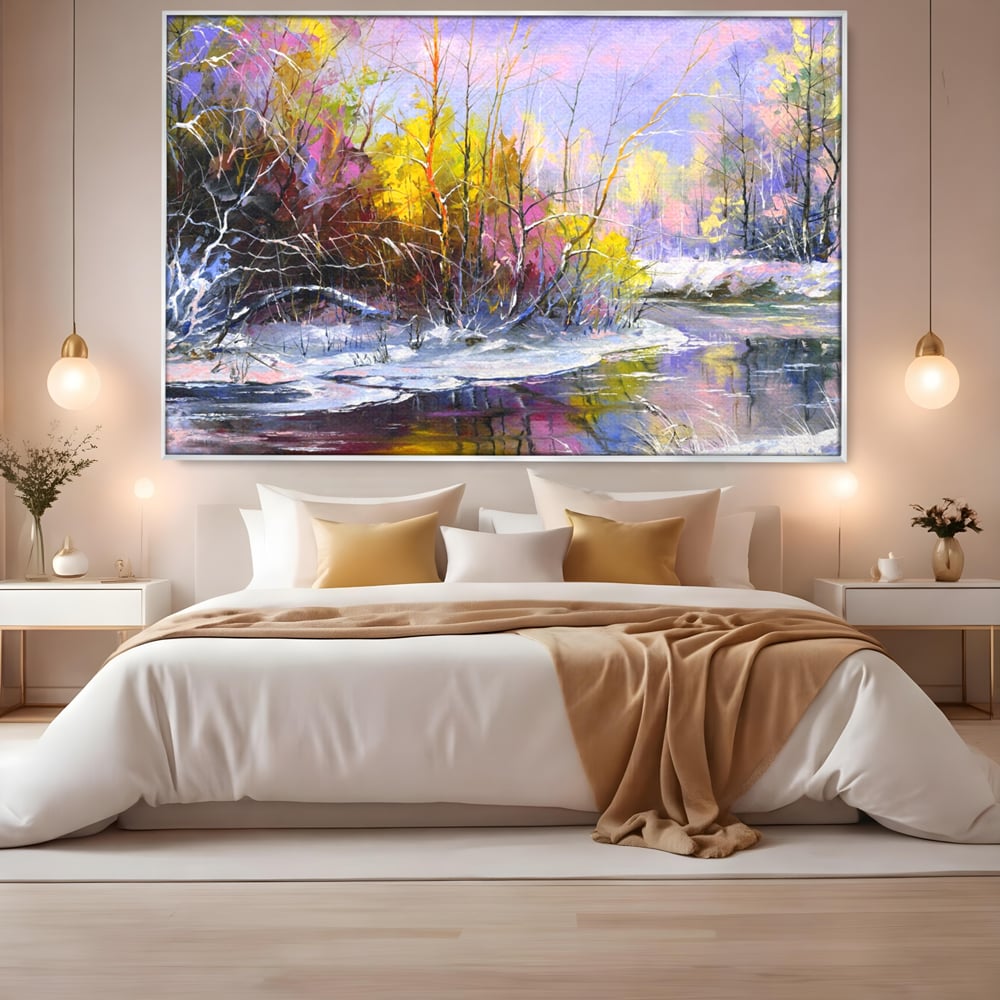 Leinwandbilder Premium LuxCanva® A1261, Lila Winter, Winter, Schnee, Schnee, Bäume, See, leuchtende Farben