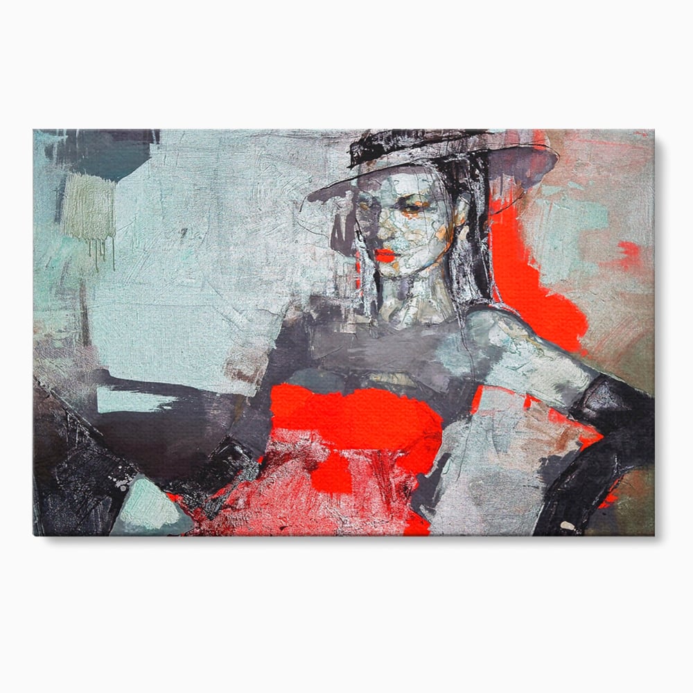Tablou Canvas Premium LuxCanva® A1262, Lady In Red, Femeie, Portret, Palarie, Dormitor, Culori Vibrante