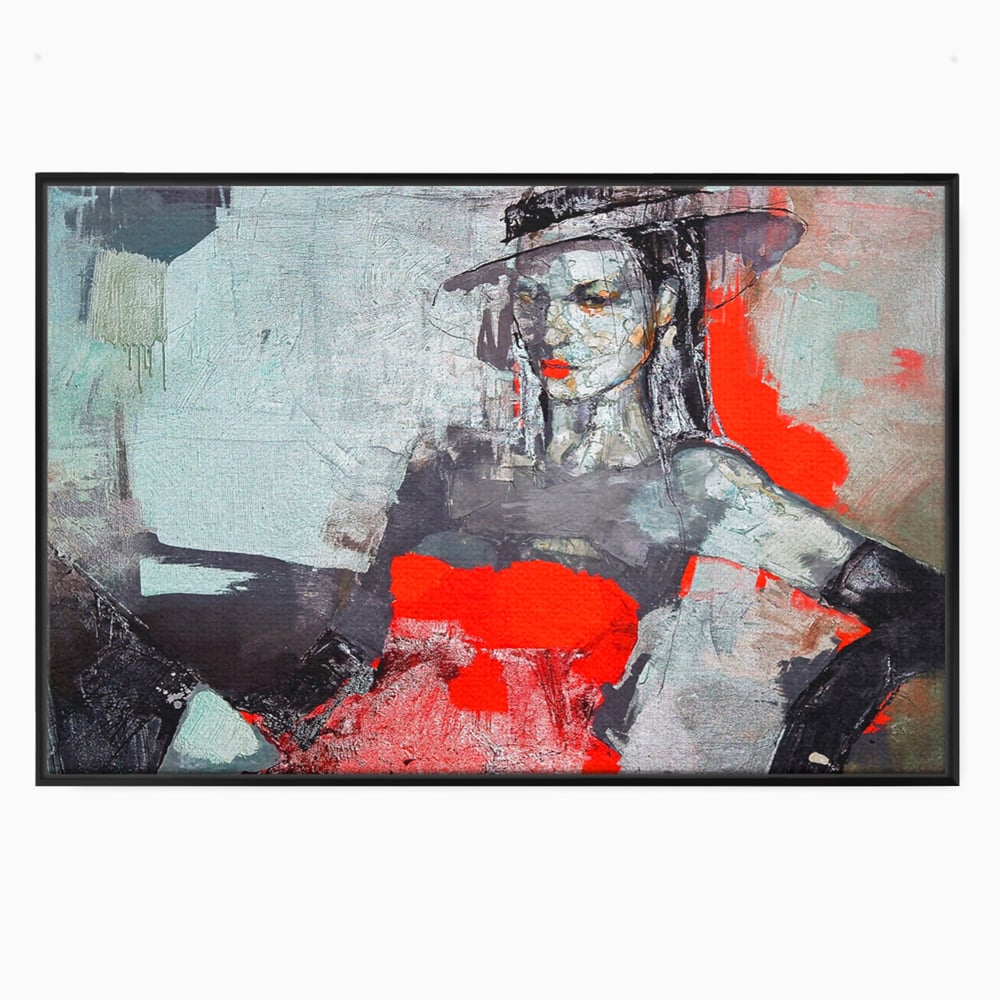 Tablou Canvas Premium LuxCanva® A1262, Lady In Red, Femeie, Portret, Palarie, Dormitor, Culori Vibrante