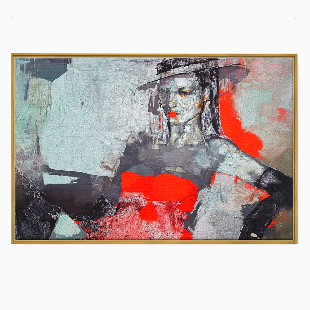 Tablou Canvas Premium LuxCanva® A1262, Lady In Red, Femeie, Portret, Palarie, Dormitor, Culori Vibrante