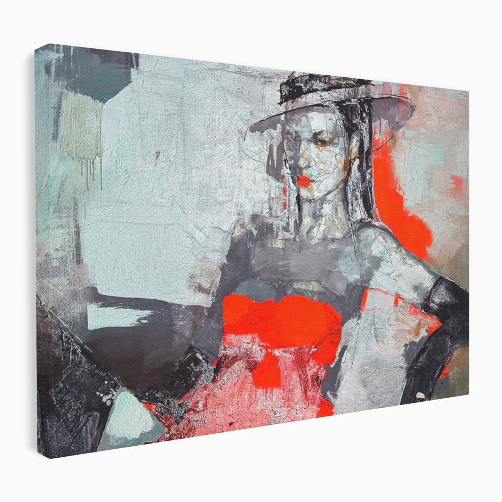 Tablou Canvas Premium LuxCanva® A1262, Lady In Red, Femeie, Portret, Palarie, Dormitor, Culori Vibrante
