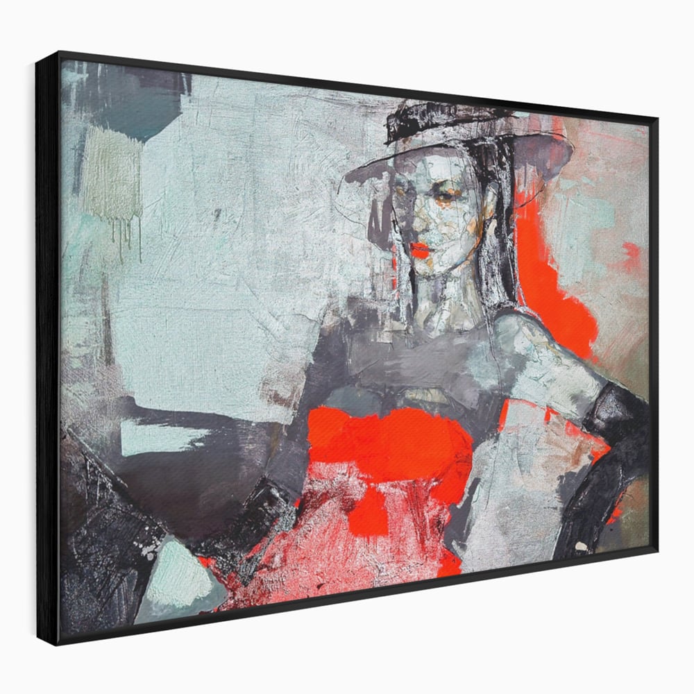 Tablou Canvas Premium LuxCanva® A1262, Lady In Red, Femeie, Portret, Palarie, Dormitor, Culori Vibrante
