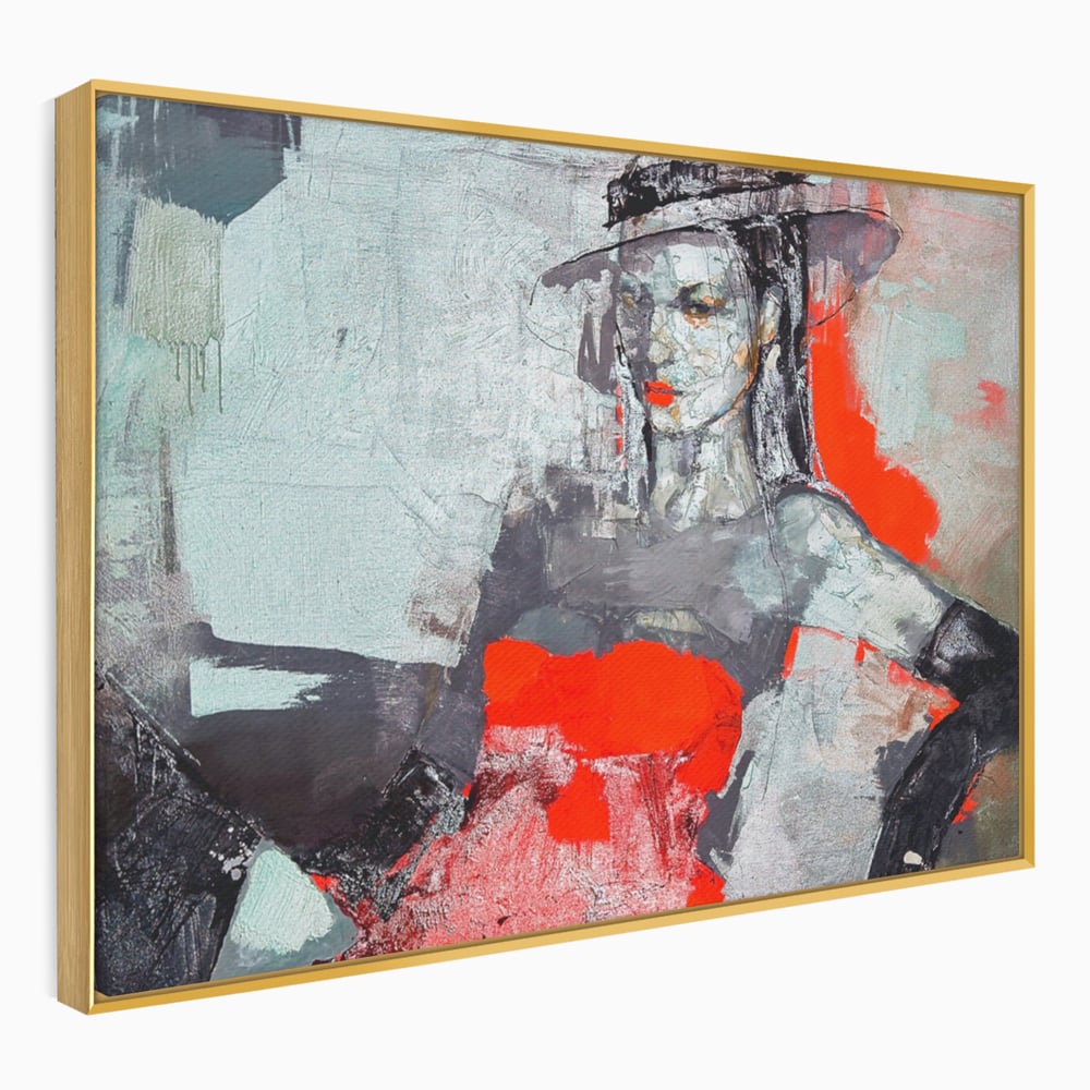 Tablou Canvas Premium LuxCanva® A1262, Lady In Red, Femeie, Portret, Palarie, Dormitor, Culori Vibrante