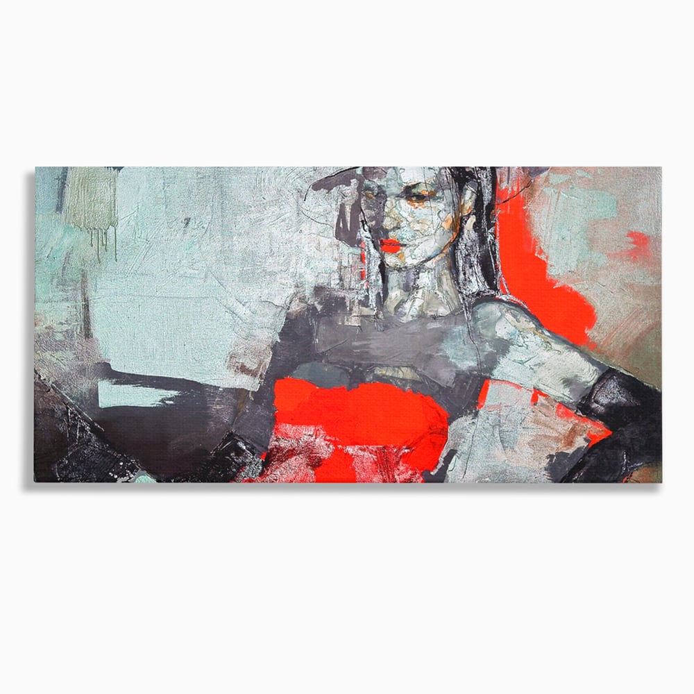 Tablou Canvas Premium LuxCanva® A1262, Lady In Red, Femeie, Portret, Palarie, Dormitor, Culori Vibrante