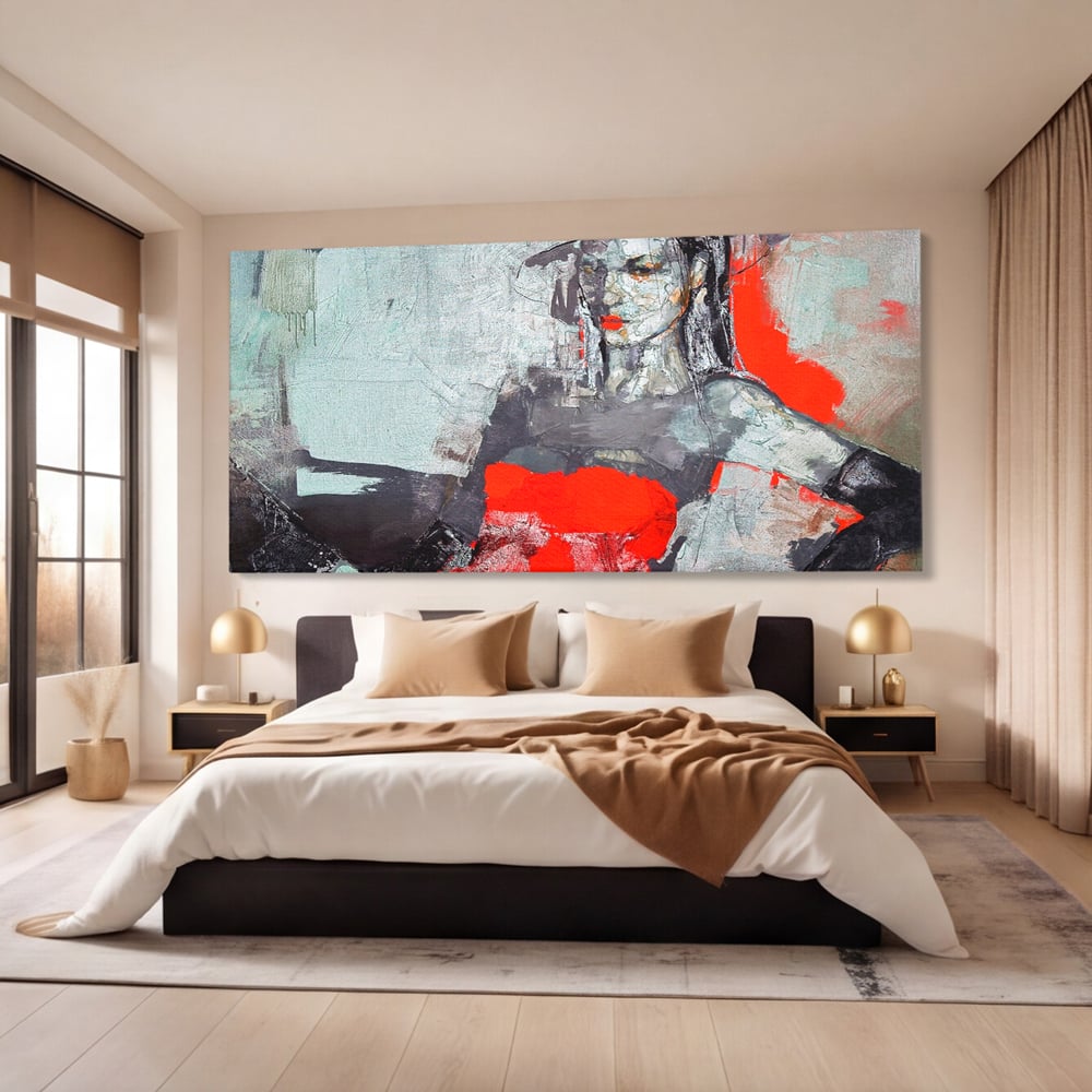 Tablou Canvas Premium LuxCanva® A1262, Lady In Red, Femeie, Portret, Palarie, Dormitor, Culori Vibrante