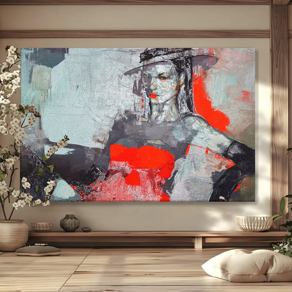 Tablou Canvas Premium LuxCanva® A1262, Lady In Red, Femeie, Portret, Palarie, Dormitor, Culori Vibrante