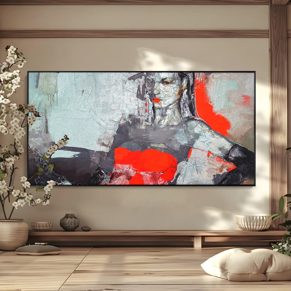 Tablou Canvas Premium LuxCanva® A1262, Lady In Red, Femeie, Portret, Palarie, Dormitor, Culori Vibrante
