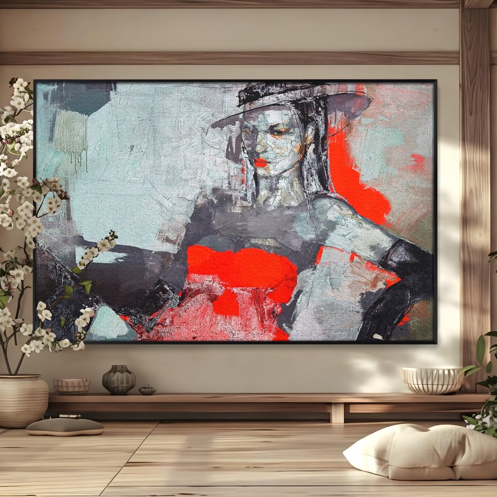 Tablou Canvas Premium LuxCanva® A1262, Lady In Red, Femeie, Portret, Palarie, Dormitor, Culori Vibrante
