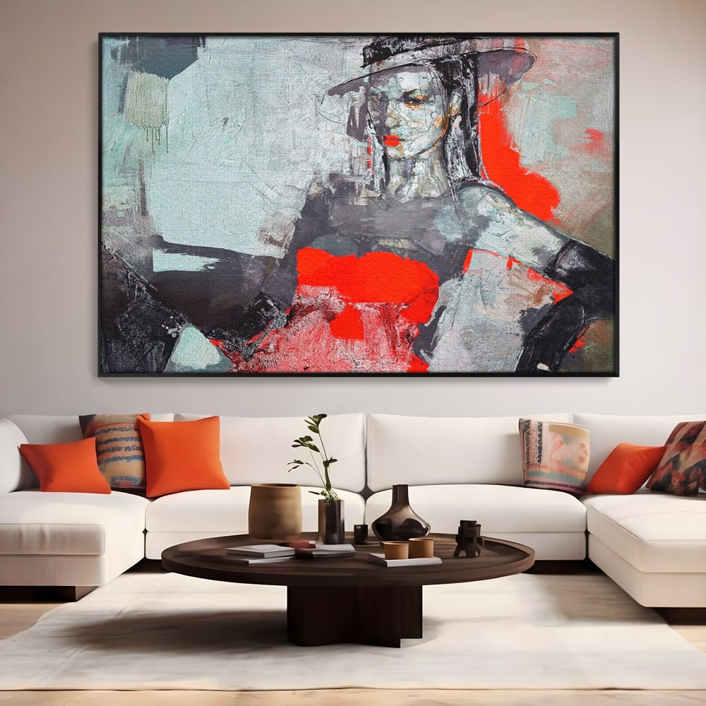 Tablou Canvas Premium LuxCanva® A1262, Lady In Red, Femeie, Portret, Palarie, Dormitor, Culori Vibrante