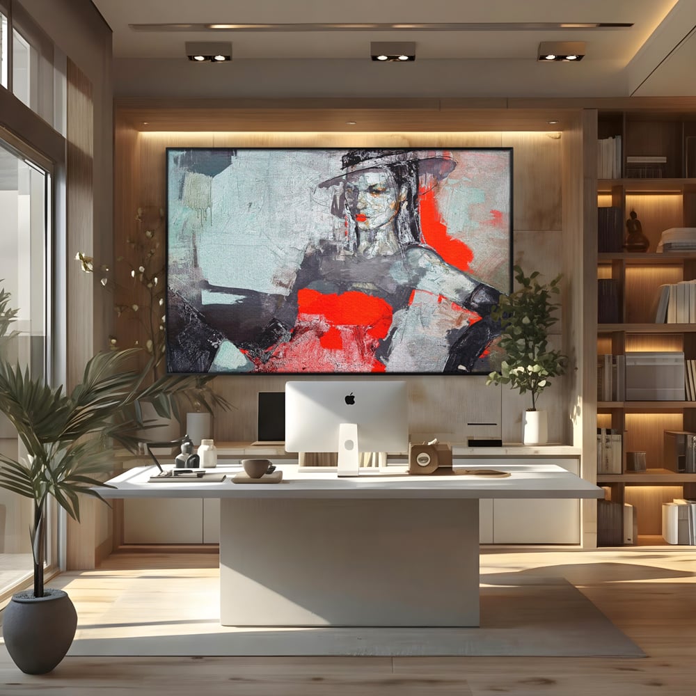 Tablou Canvas Premium LuxCanva® A1262, Lady In Red, Femeie, Portret, Palarie, Dormitor, Culori Vibrante
