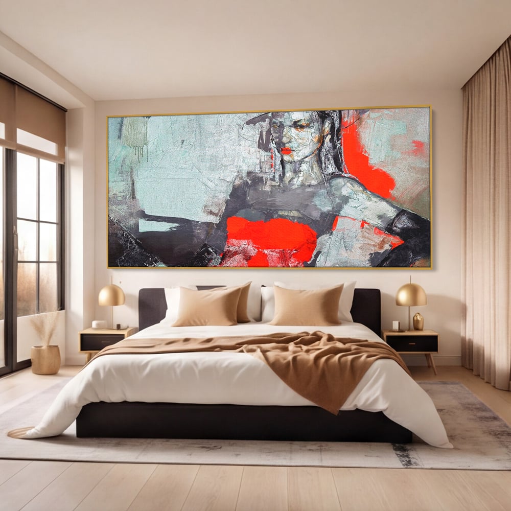 Tablou Canvas Premium LuxCanva® A1262, Lady In Red, Femeie, Portret, Palarie, Dormitor, Culori Vibrante