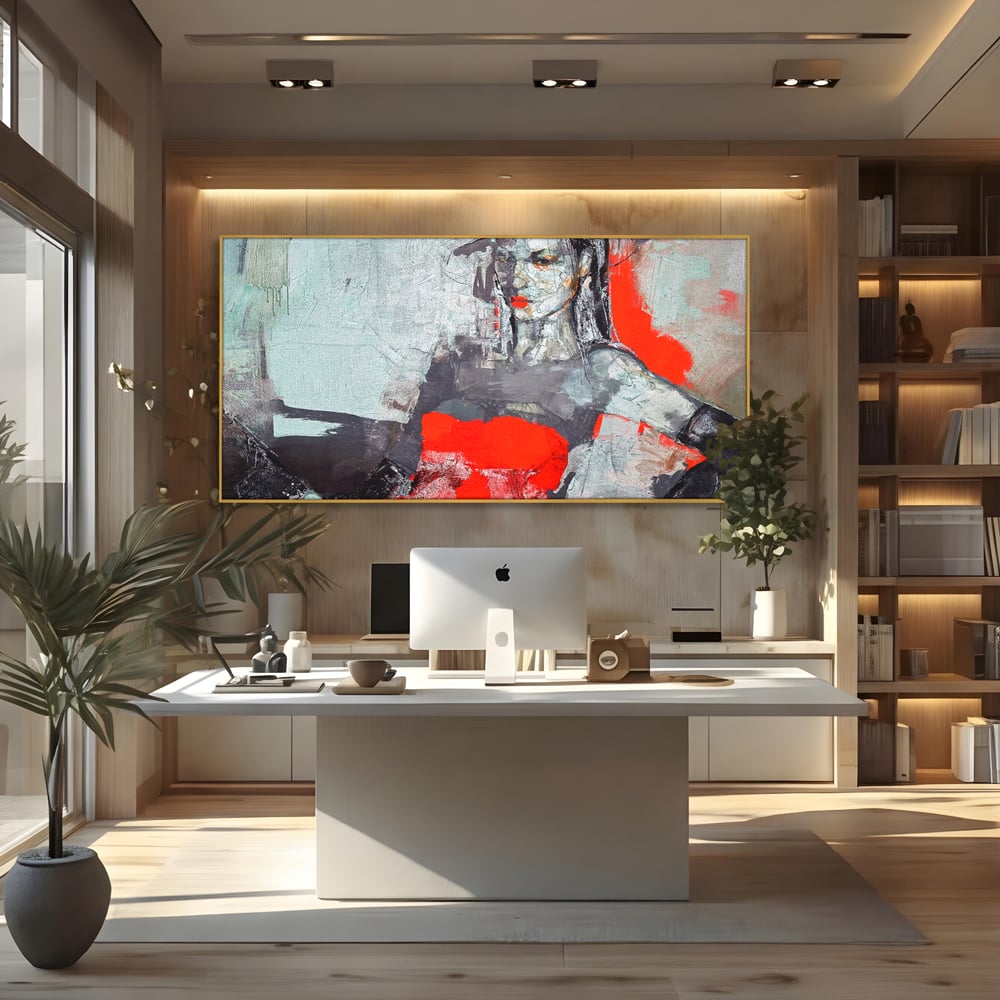 Tablou Canvas Premium LuxCanva® A1262, Lady In Red, Femeie, Portret, Palarie, Dormitor, Culori Vibrante