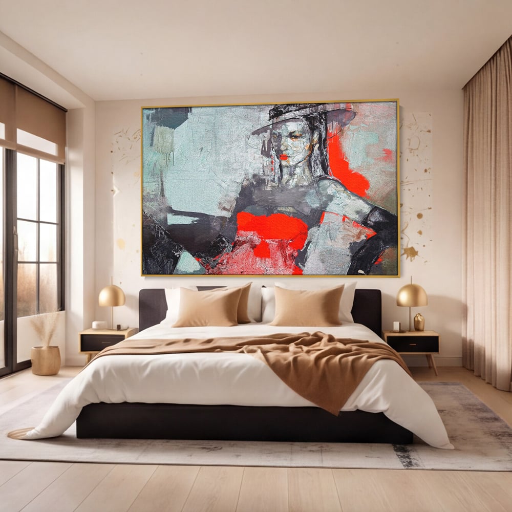 Tablou Canvas Premium LuxCanva® A1262, Lady In Red, Femeie, Portret, Palarie, Dormitor, Culori Vibrante