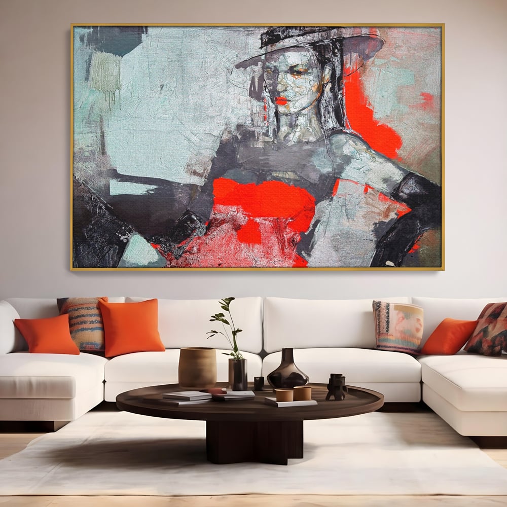 Tablou Canvas Premium LuxCanva® A1262, Lady In Red, Femeie, Portret, Palarie, Dormitor, Culori Vibrante