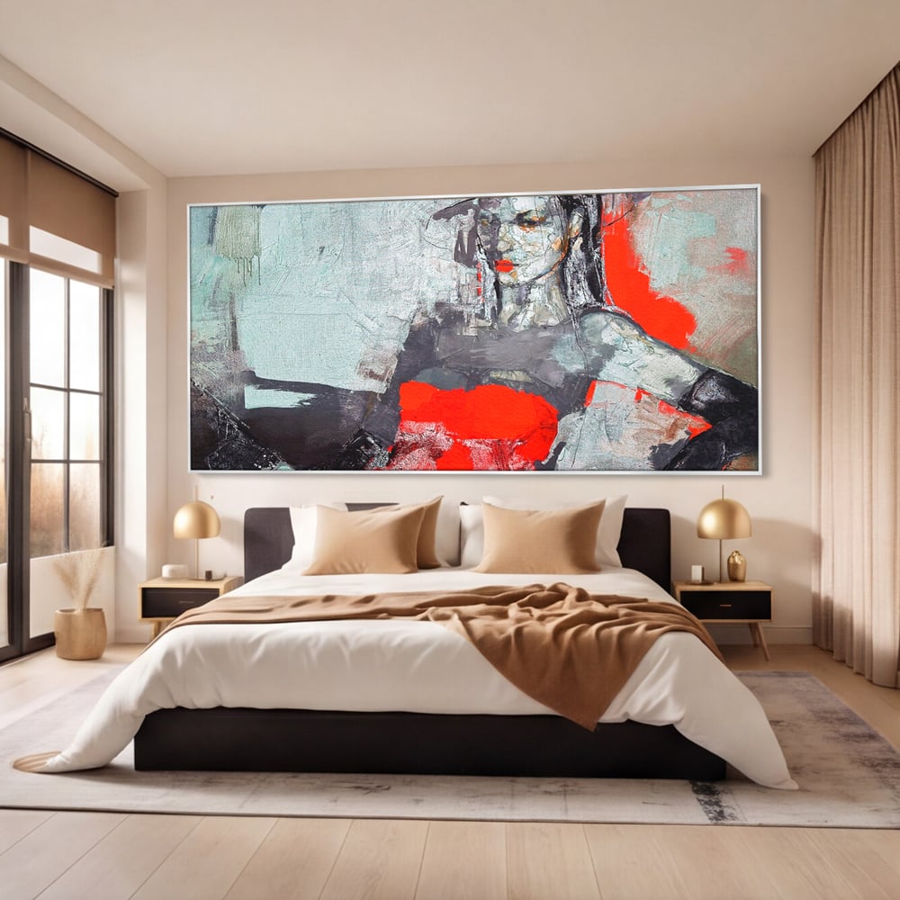Tablou Canvas Premium LuxCanva® A1262, Lady In Red, Femeie, Portret, Palarie, Dormitor, Culori Vibrante