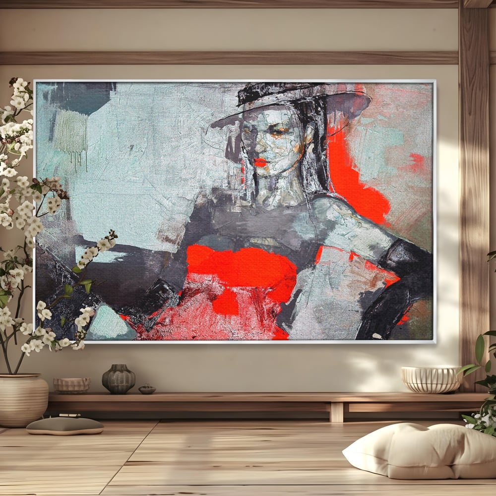 Tablou Canvas Premium LuxCanva® A1262, Lady In Red, Femeie, Portret, Palarie, Dormitor, Culori Vibrante