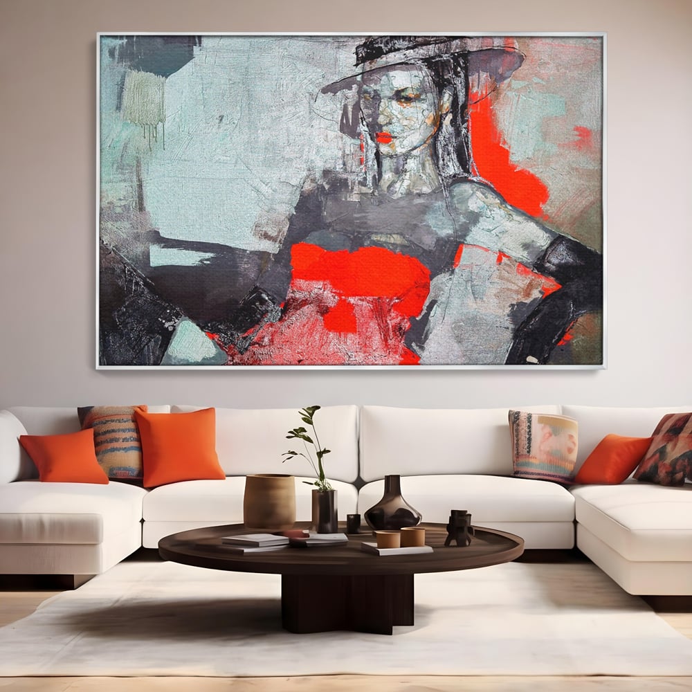 Tablou Canvas Premium LuxCanva® A1262, Lady In Red, Femeie, Portret, Palarie, Dormitor, Culori Vibrante
