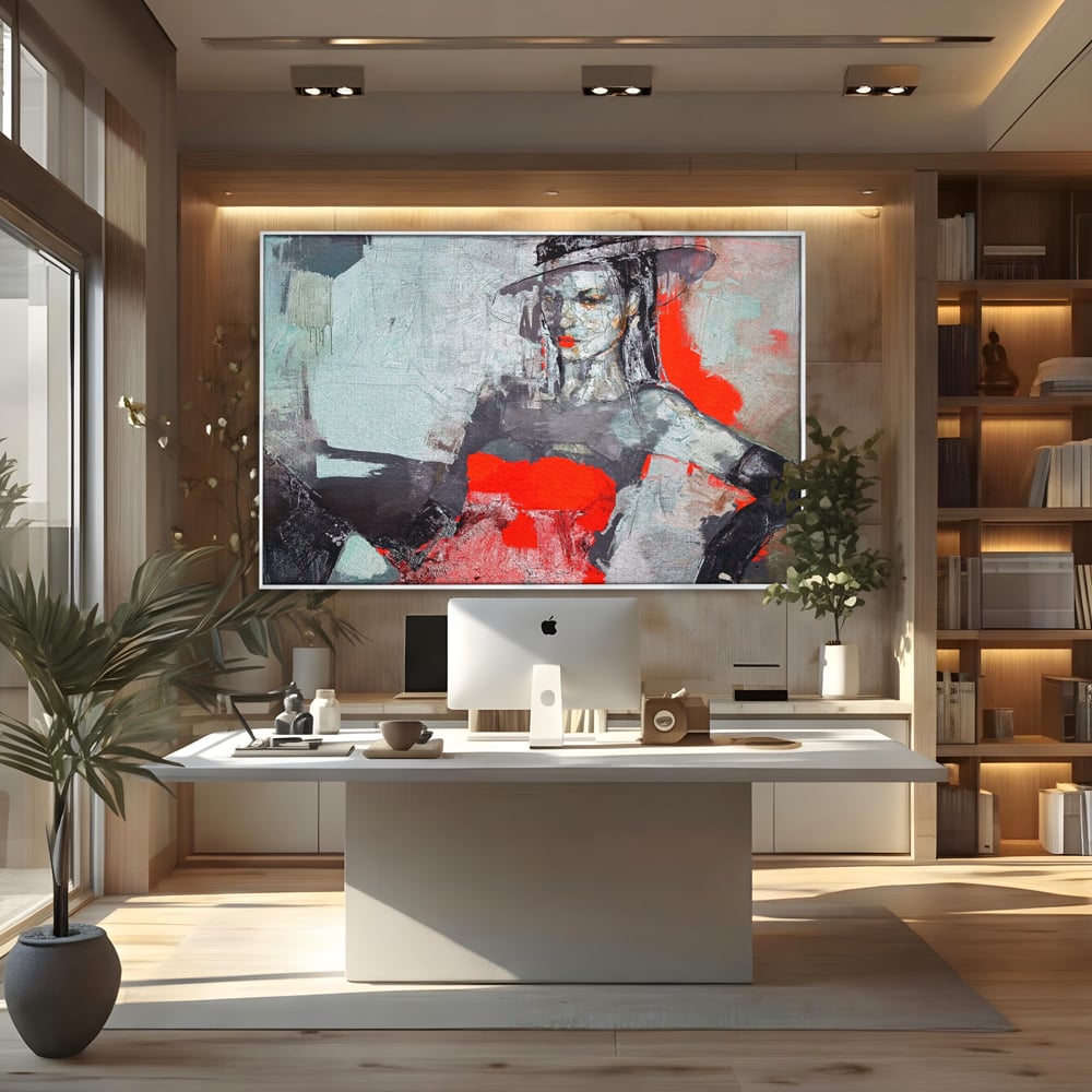 Tablou Canvas Premium LuxCanva® A1262, Lady In Red, Femeie, Portret, Palarie, Dormitor, Culori Vibrante