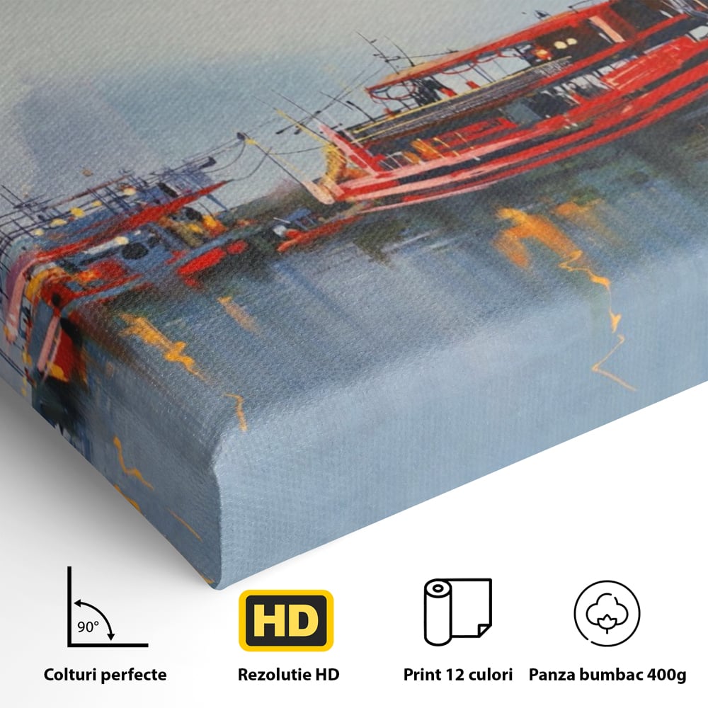 Tablou Canvas Premium LuxCanva® A1263, Red Boats, Port, Barci, Far, Mare, Dormitor, Culori Vibrante