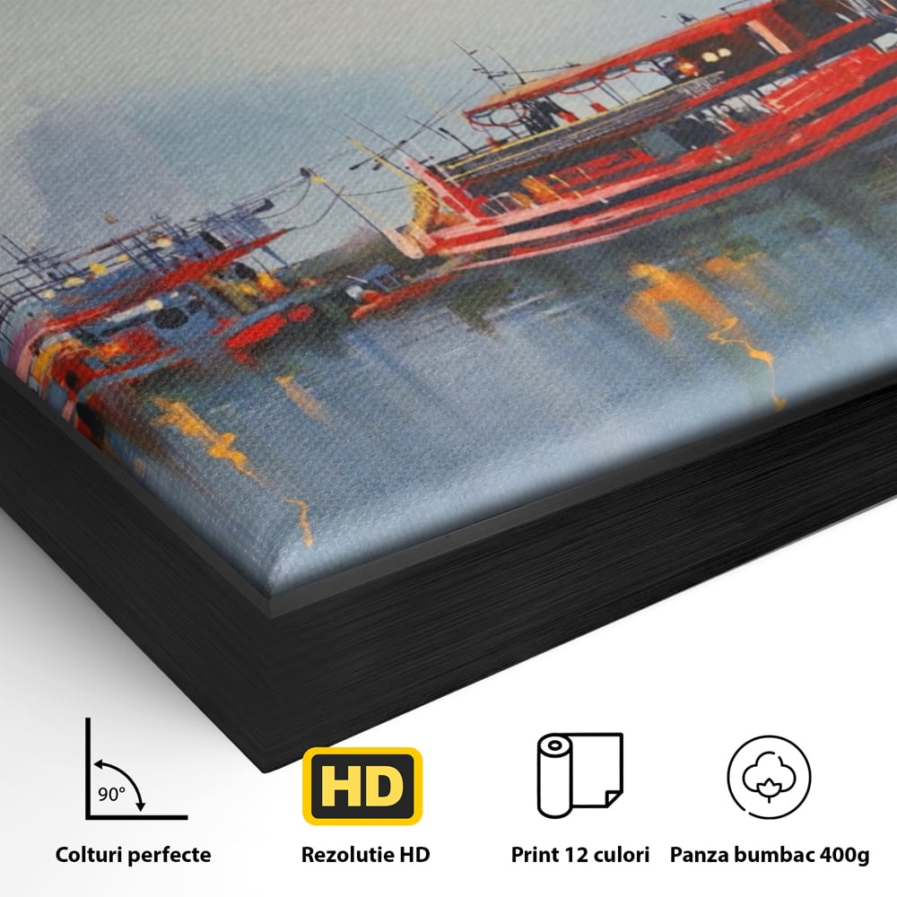 Tablou Canvas Premium LuxCanva® A1263, Red Boats, Port, Barci, Far, Mare, Dormitor, Culori Vibrante