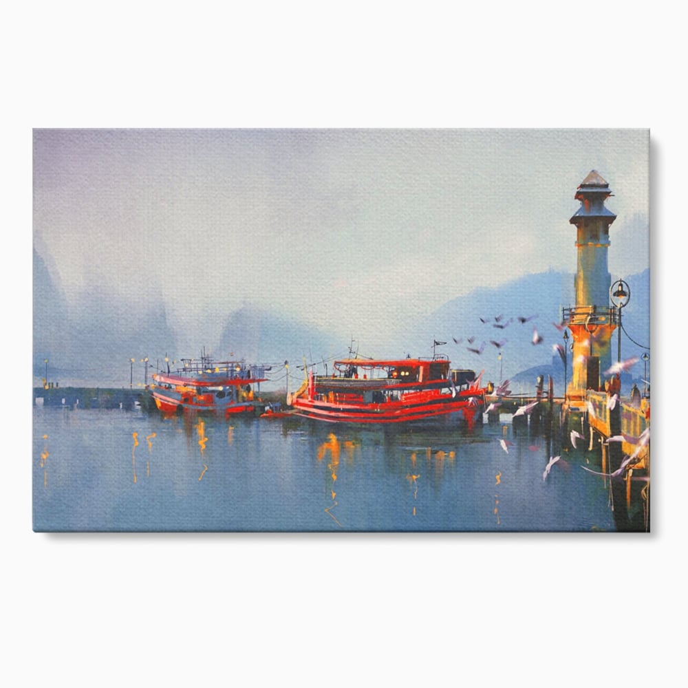 Tablou Canvas Premium LuxCanva® A1263, Red Boats, Port, Barci, Far, Mare, Dormitor, Culori Vibrante