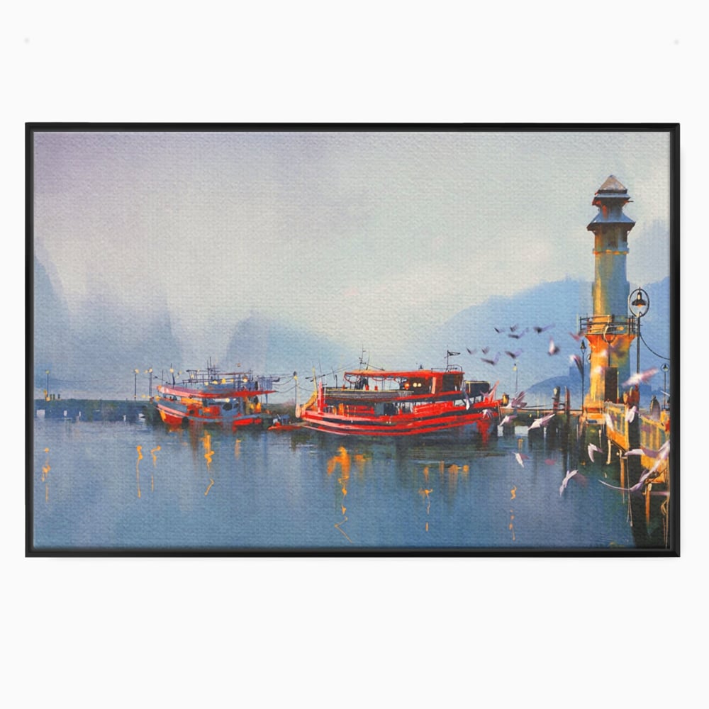 Tablou Canvas Premium LuxCanva® A1263, Red Boats, Port, Barci, Far, Mare, Dormitor, Culori Vibrante