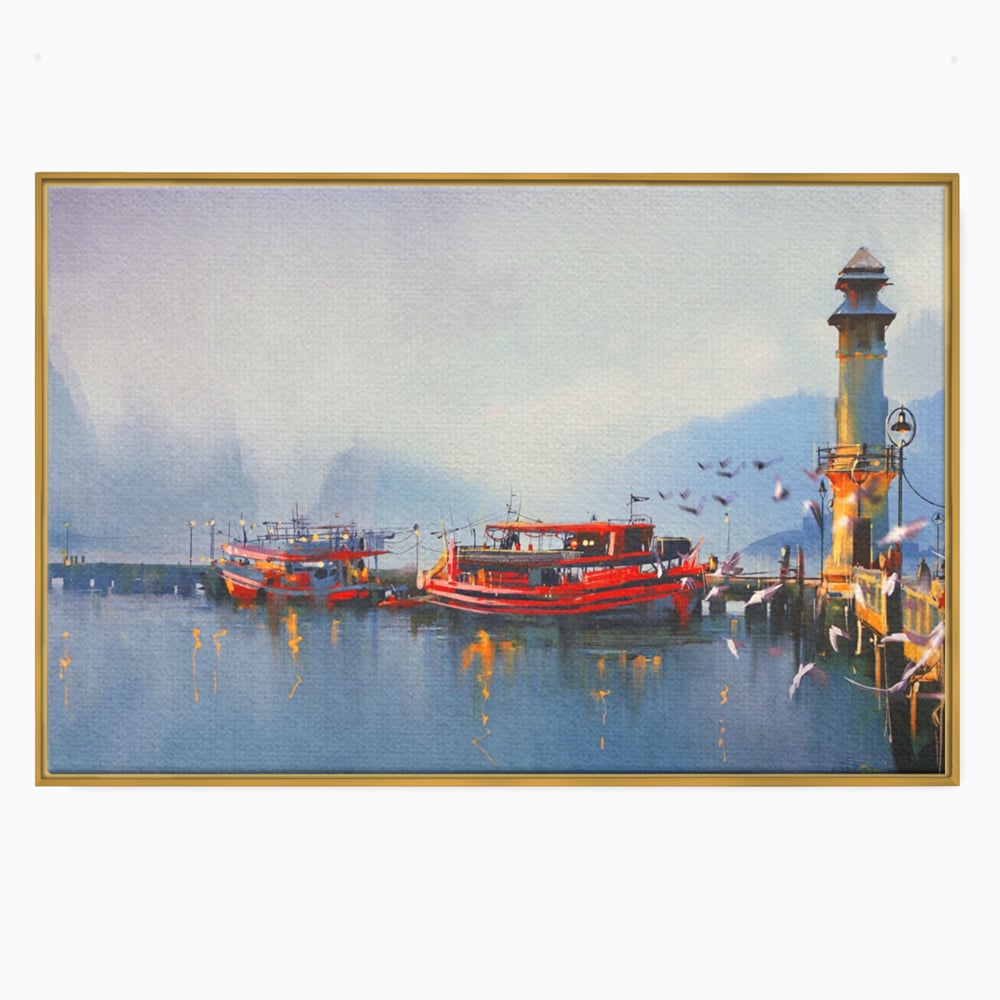 Tablou Canvas Premium LuxCanva® A1263, Red Boats, Port, Barci, Far, Mare, Dormitor, Culori Vibrante
