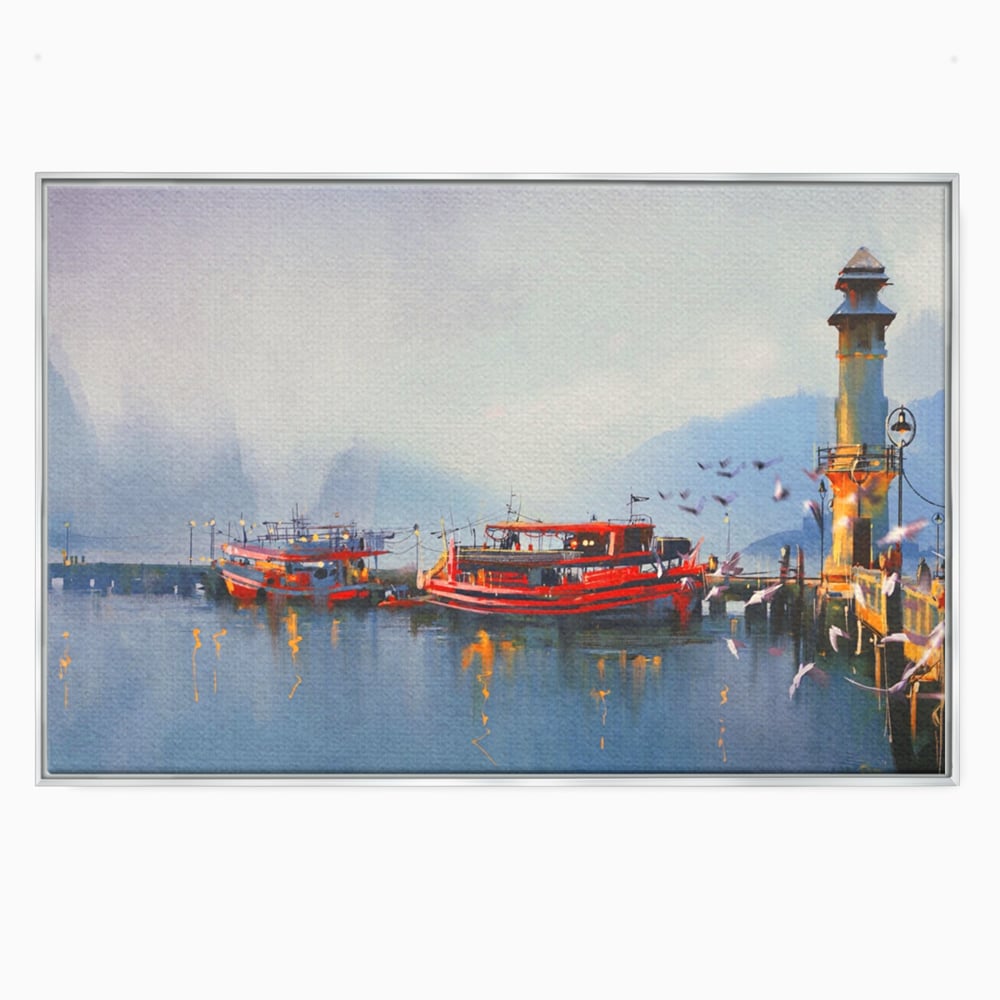 Tablou Canvas Premium LuxCanva® A1263, Red Boats, Port, Barci, Far, Mare, Dormitor, Culori Vibrante