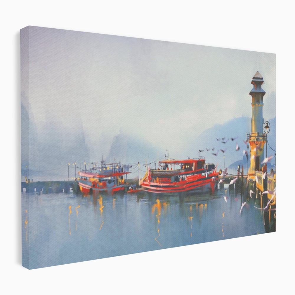 Tablou Canvas Premium LuxCanva® A1263, Red Boats, Port, Barci, Far, Mare, Dormitor, Culori Vibrante