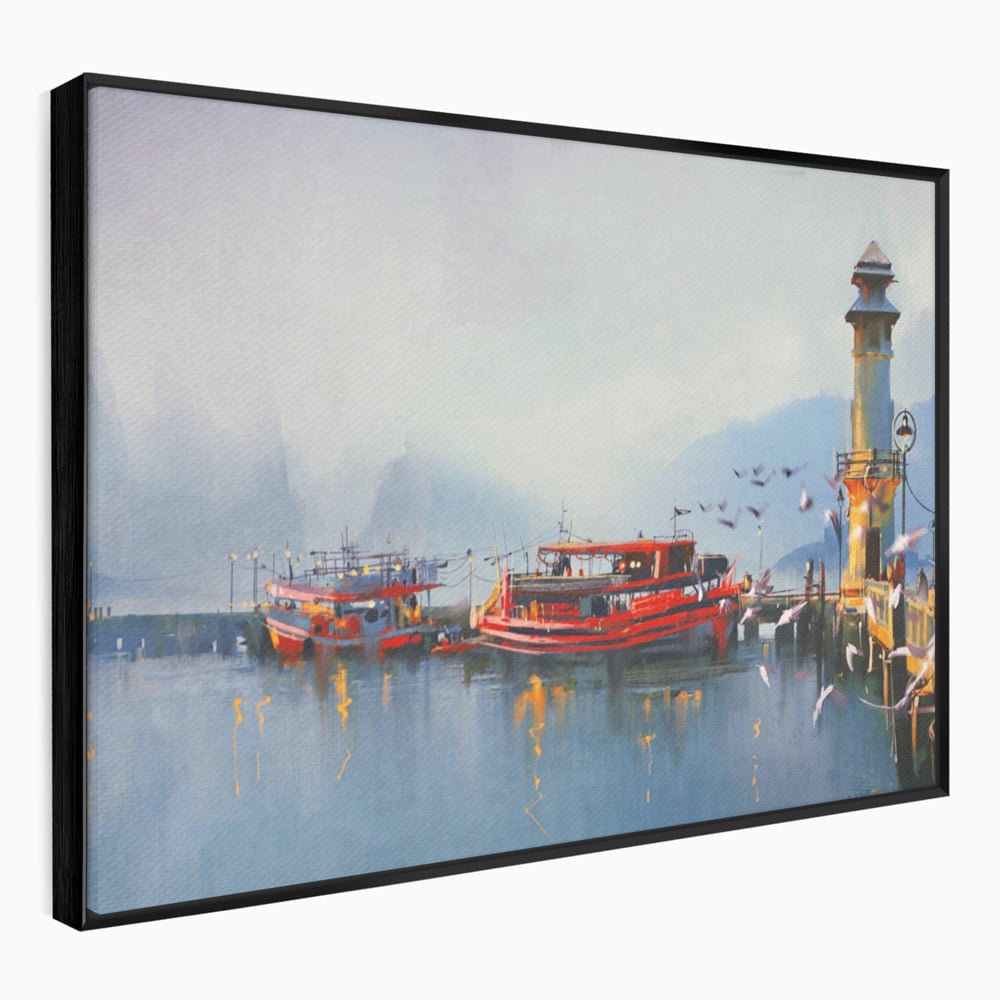 Tablou Canvas Premium LuxCanva® A1263, Red Boats, Port, Barci, Far, Mare, Dormitor, Culori Vibrante