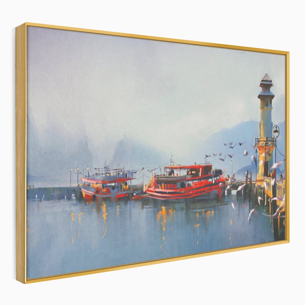 Tablou Canvas Premium LuxCanva® A1263, Red Boats, Port, Barci, Far, Mare, Dormitor, Culori Vibrante
