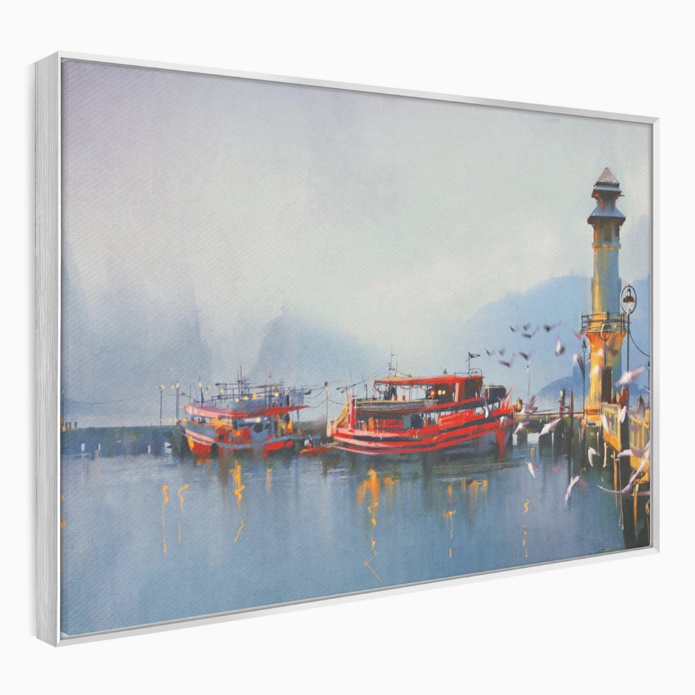 Tablou Canvas Premium LuxCanva® A1263, Red Boats, Port, Barci, Far, Mare, Dormitor, Culori Vibrante
