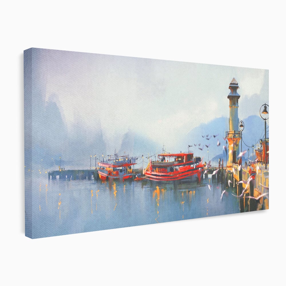 Tablou Canvas Premium LuxCanva® A1263, Red Boats, Port, Barci, Far, Mare, Dormitor, Culori Vibrante