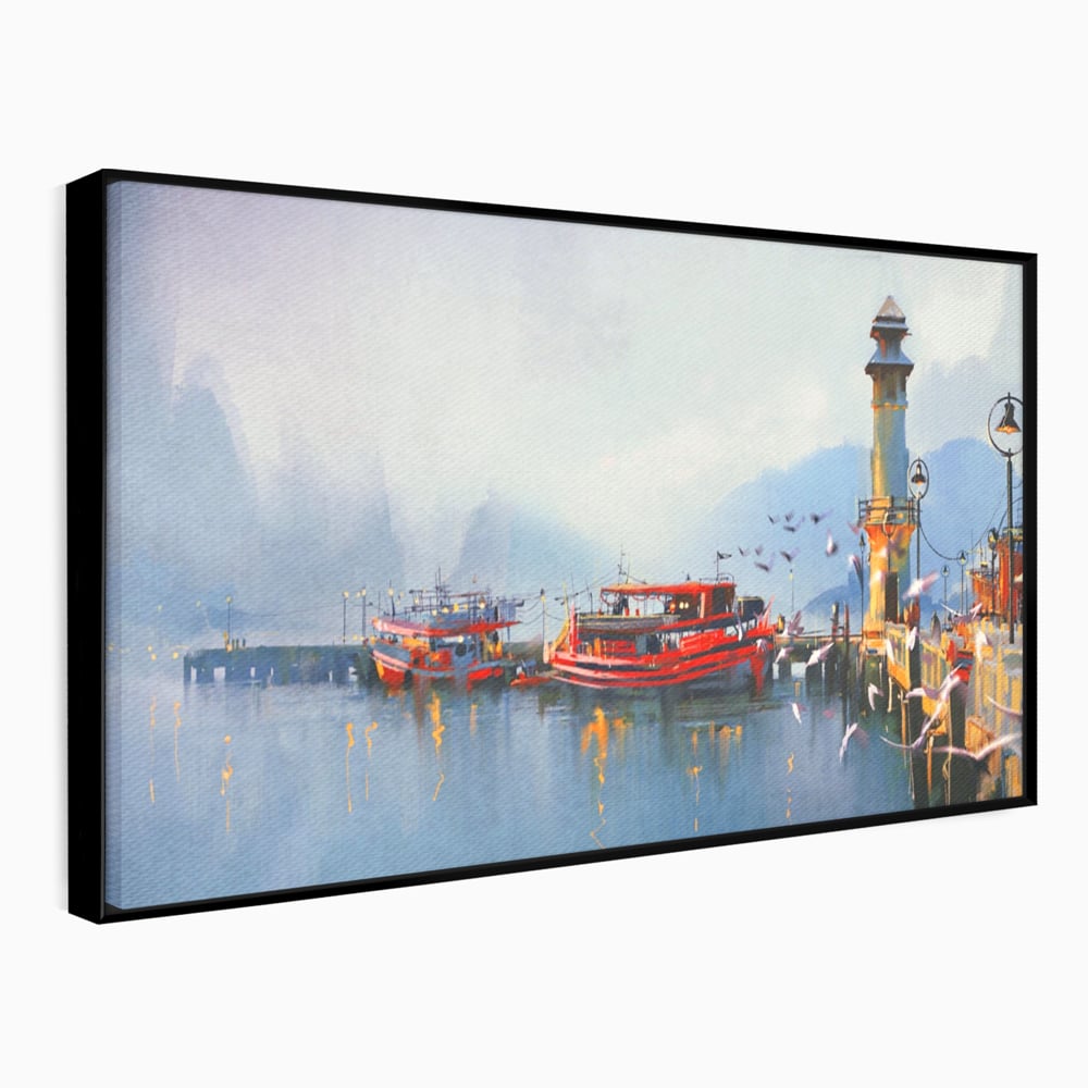 Tablou Canvas Premium LuxCanva® A1263, Red Boats, Port, Barci, Far, Mare, Dormitor, Culori Vibrante
