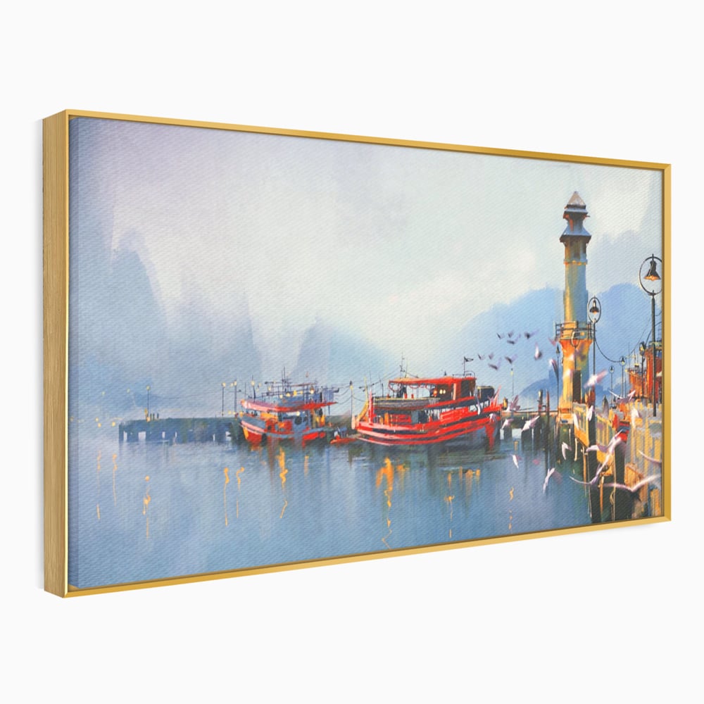 Tablou Canvas Premium LuxCanva® A1263, Red Boats, Port, Barci, Far, Mare, Dormitor, Culori Vibrante