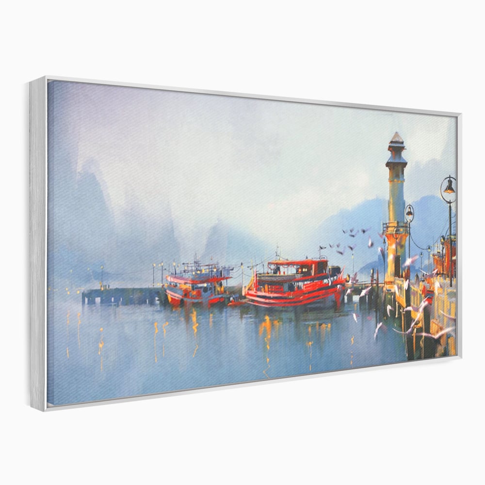 Tablou Canvas Premium LuxCanva® A1263, Red Boats, Port, Barci, Far, Mare, Dormitor, Culori Vibrante