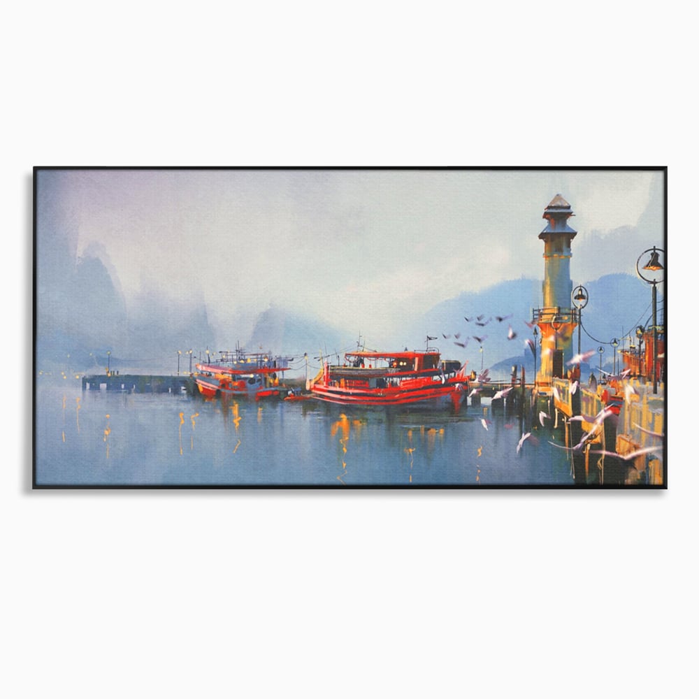 Tablou Canvas Premium LuxCanva® A1263, Red Boats, Port, Barci, Far, Mare, Dormitor, Culori Vibrante