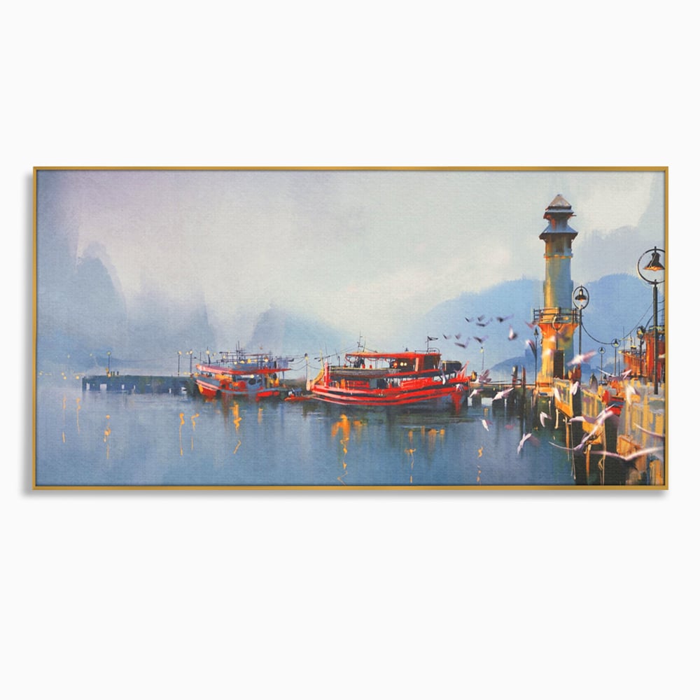 Tablou Canvas Premium LuxCanva® A1263, Red Boats, Port, Barci, Far, Mare, Dormitor, Culori Vibrante