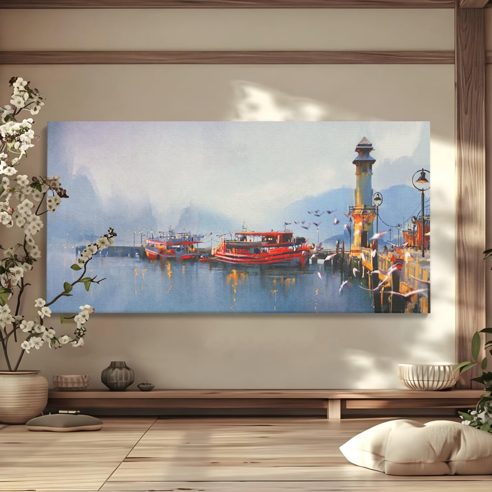 Tablou Canvas Premium LuxCanva® A1263, Red Boats, Port, Barci, Far, Mare, Dormitor, Culori Vibrante