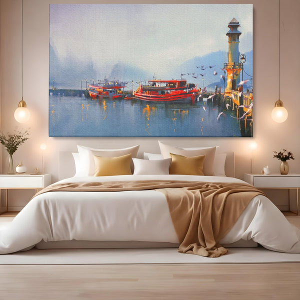 Tablou Canvas Premium LuxCanva® A1263, Red Boats, Port, Barci, Far, Mare, Dormitor, Culori Vibrante