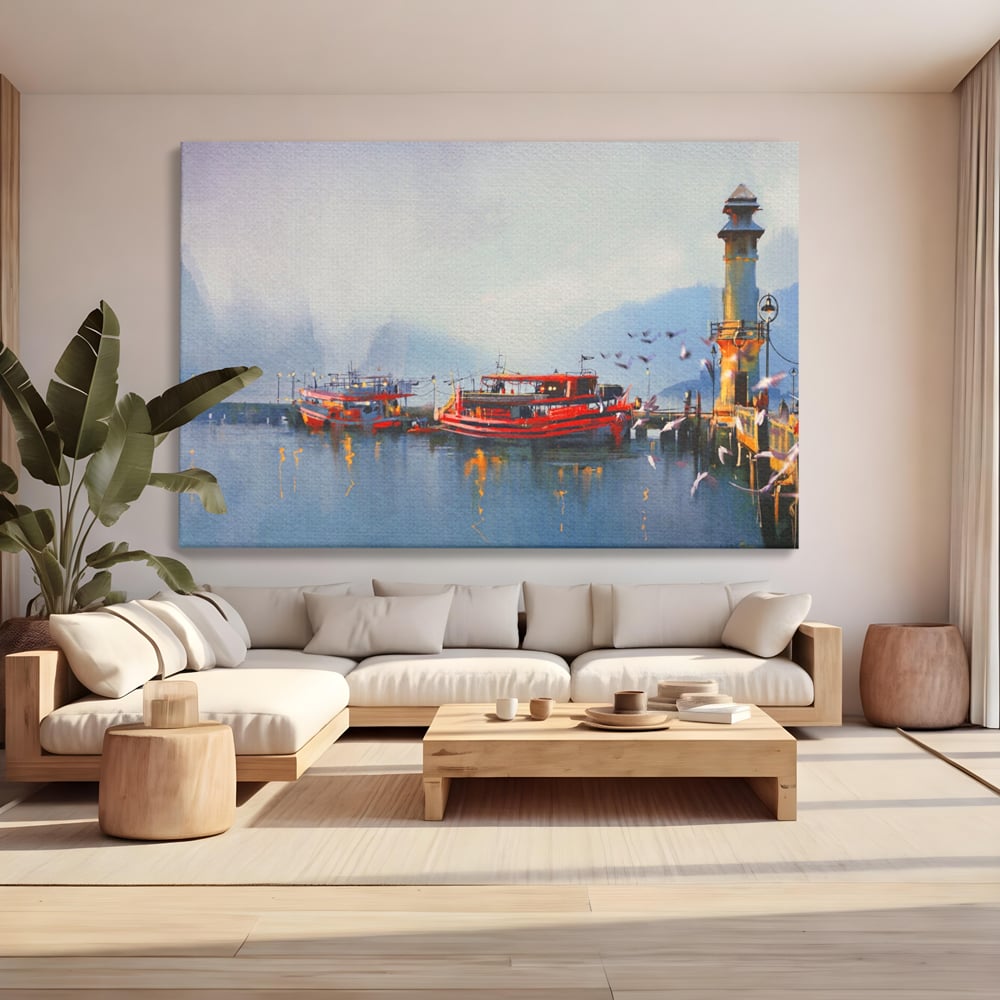 Tablou Canvas Premium LuxCanva® A1263, Red Boats, Port, Barci, Far, Mare, Dormitor, Culori Vibrante